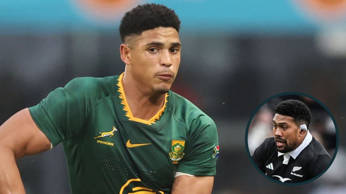 Springboks fly-half Sacha Feinberg-Mngomezulu and All Blacks back-row Ardie Savea.