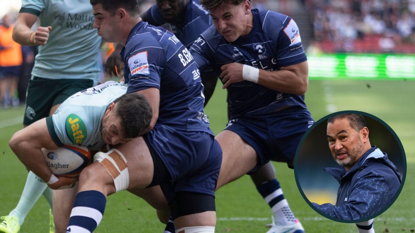Adam Radwan being tackled (front left) with an inset of Pat Lam (right)