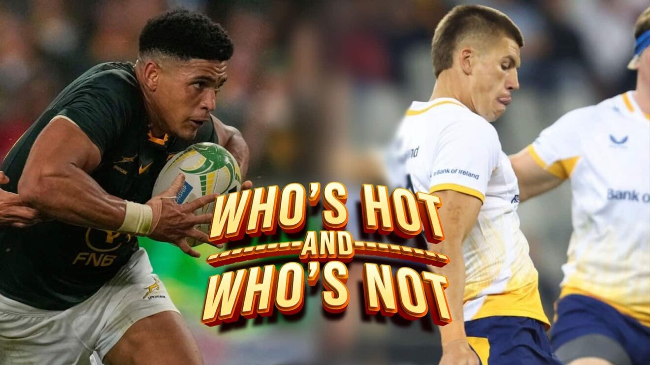 September 29 Hot and Not image of Sacha Feinberg-Mngomezulu (left) in action for the Springboks and Sam Prendergast (right) of Leinster.