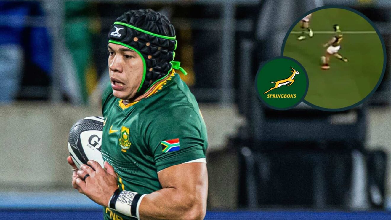 Cheslin Kolbe in action for the Springboks and his drop-kick gaffe (inset) for Argentina try.