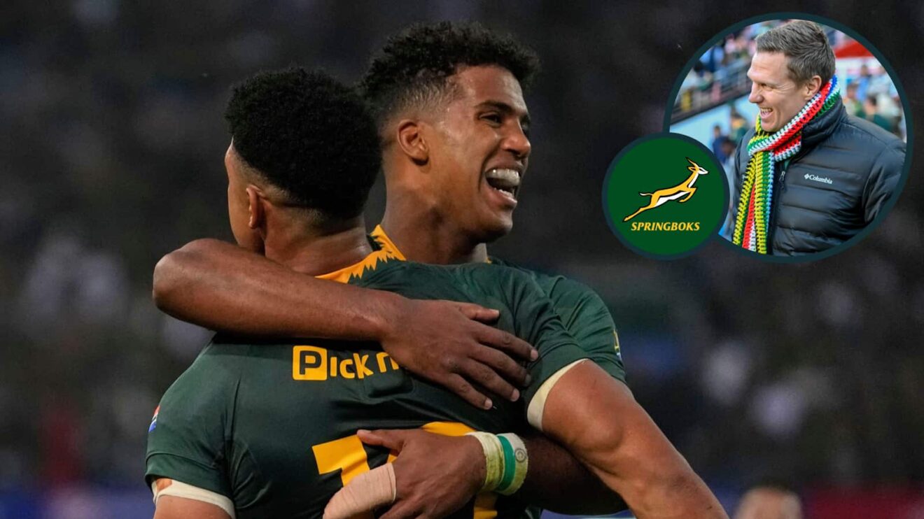 South Africa's Sacha Feinberg-Mngomezulu celebrates with Canan Moodie and an inset of Springboks legend Jean de Villiers.