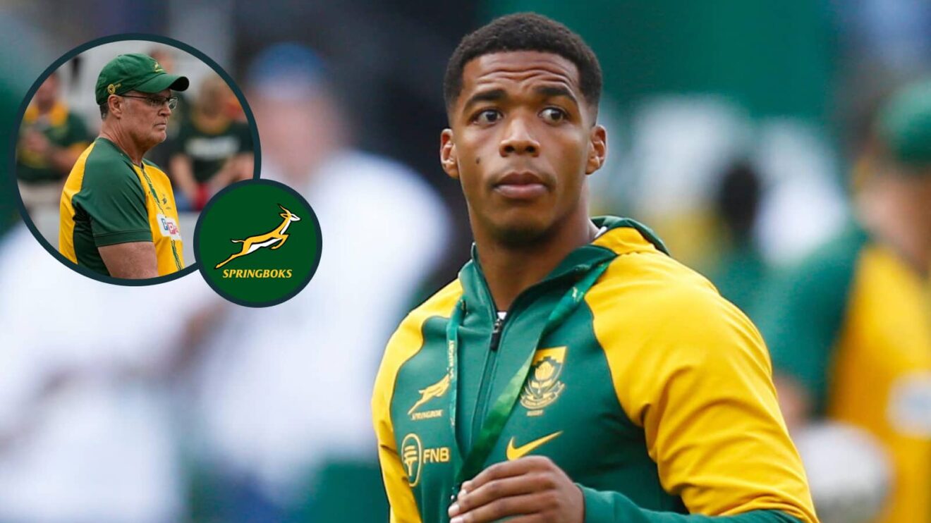 Springboks Scrum-half Grant Williams and an inset of head coach Rassie Erasmus.