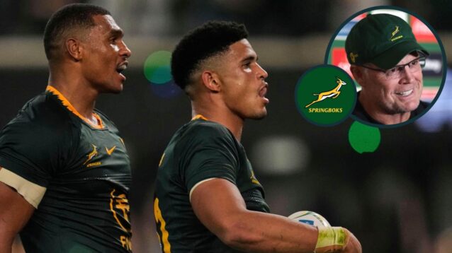 Sacha Feinberg-Mngomezulu and Damian Willemse with an inset of Springboks head coach Rassie Erasmus.