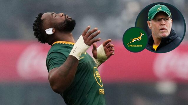 Captain Siya Kolisi and an inset of Springboks head coach Rassie Erasmus.