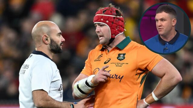 Andrea Piardi speaking to Wallabies captain Harry Wilson, and ex-All Black James Parsons (inset).