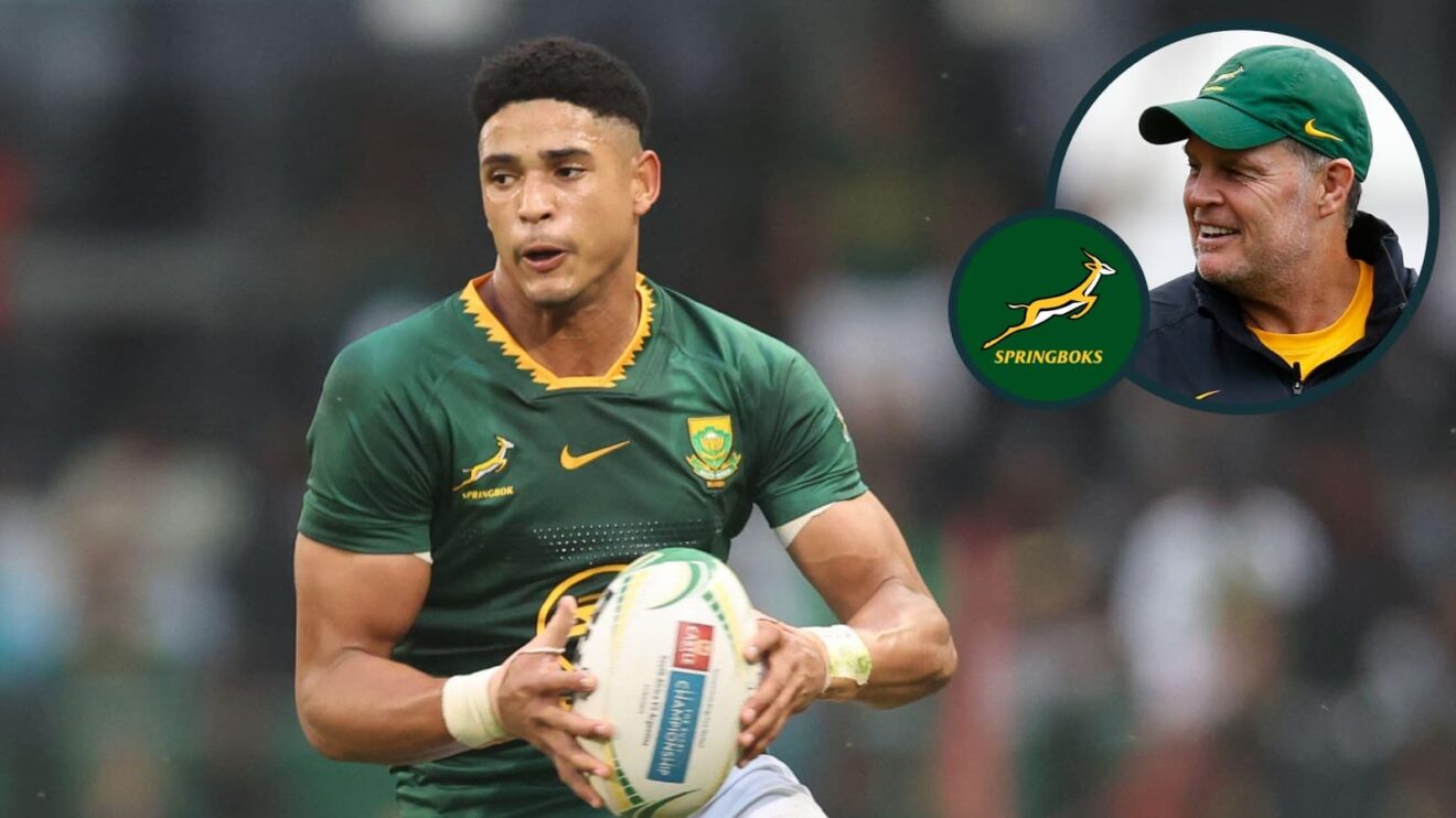 Fly-half Sacha Feinberg-Mngomezulu with an inset of Springboks head coach Rassie Erasmus.