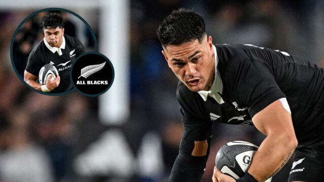 Quinn Tupaea and Wallace Sititi (inset) in action for the All Blacks in 2025.