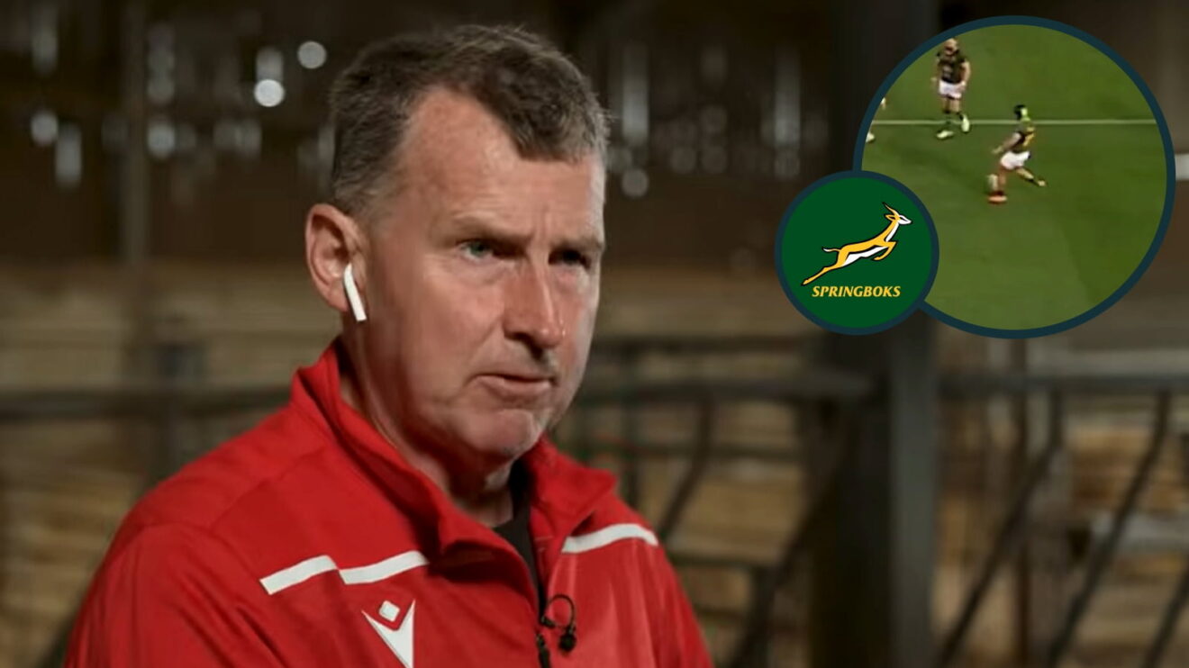 Former Test referee Nigel Owens and Cheslin Kolbe's dropout gaffe against Argentina (inset).