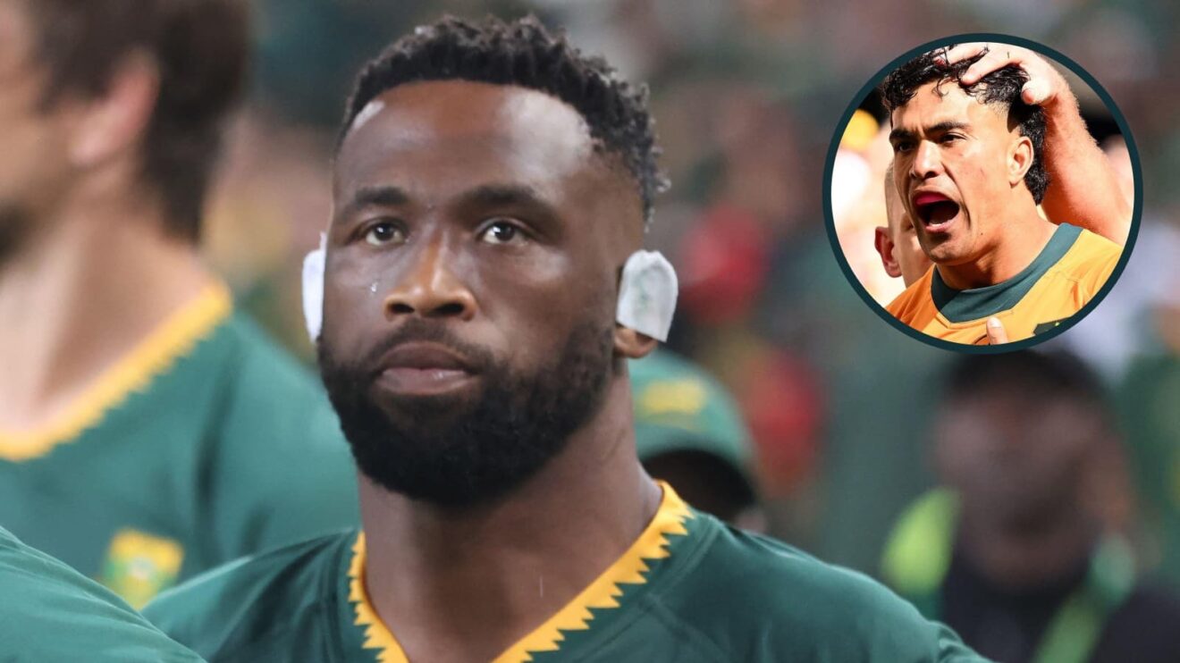 Springboks captain Siya Kolisi and an inset of Wallabies star Joseph Suaalii.