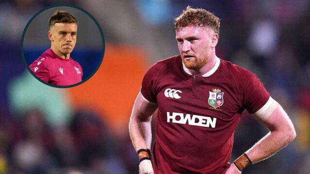 A two layered image of Ollie Chessum and George Ford