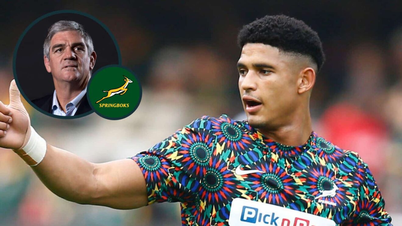 Springboks fly-half Sacha Feinberg-Mngomezulu and an inset of Nick Mallett.