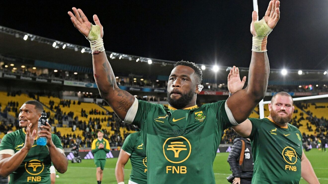 Springboks captain Siya Kolisi celebrates a win v the All Blacks