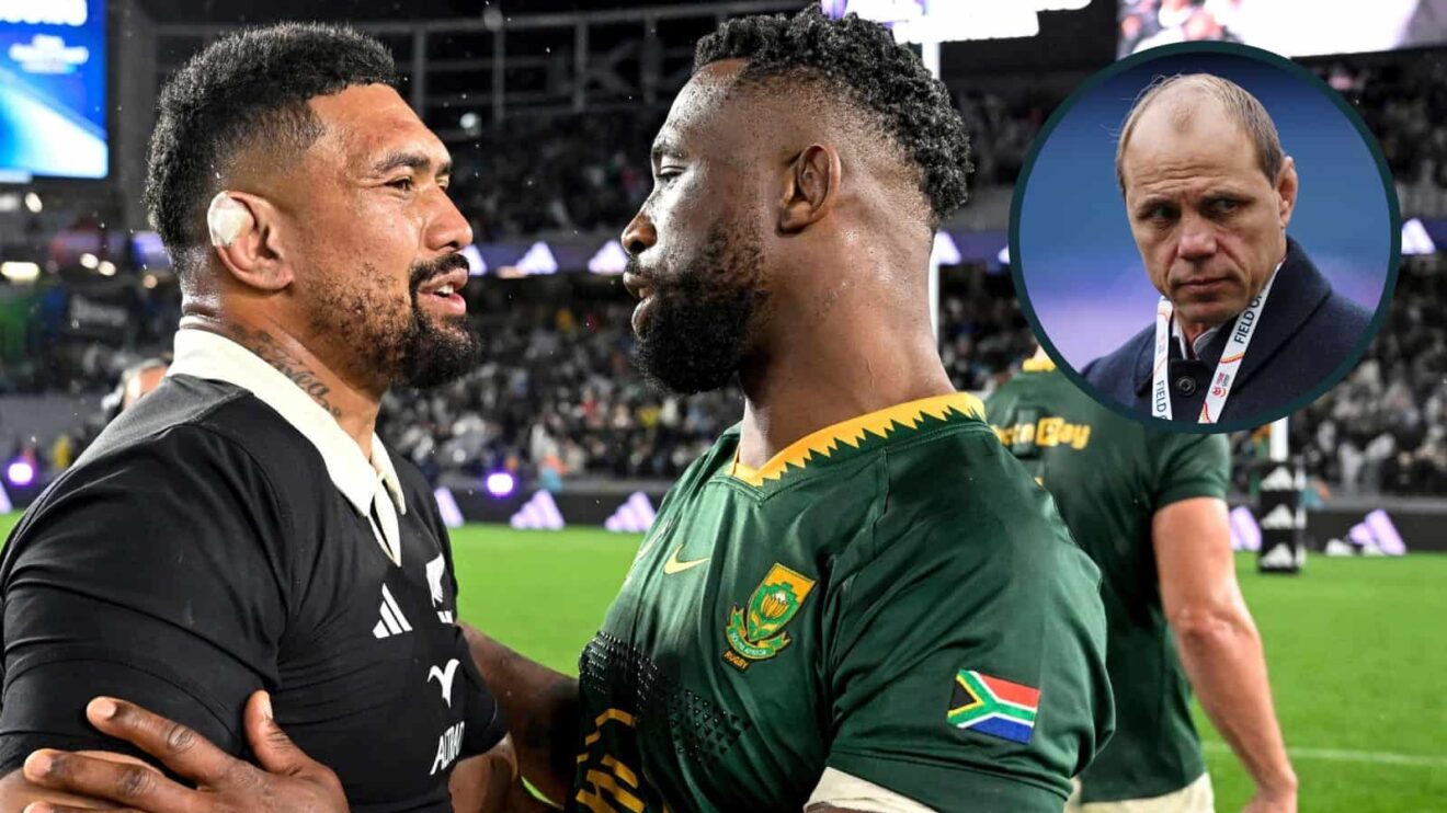 Springboks captain Siya Kolisi with All Blacks star Ardie Savea and an inset of Rugby Australia CEO Phil Waugh.