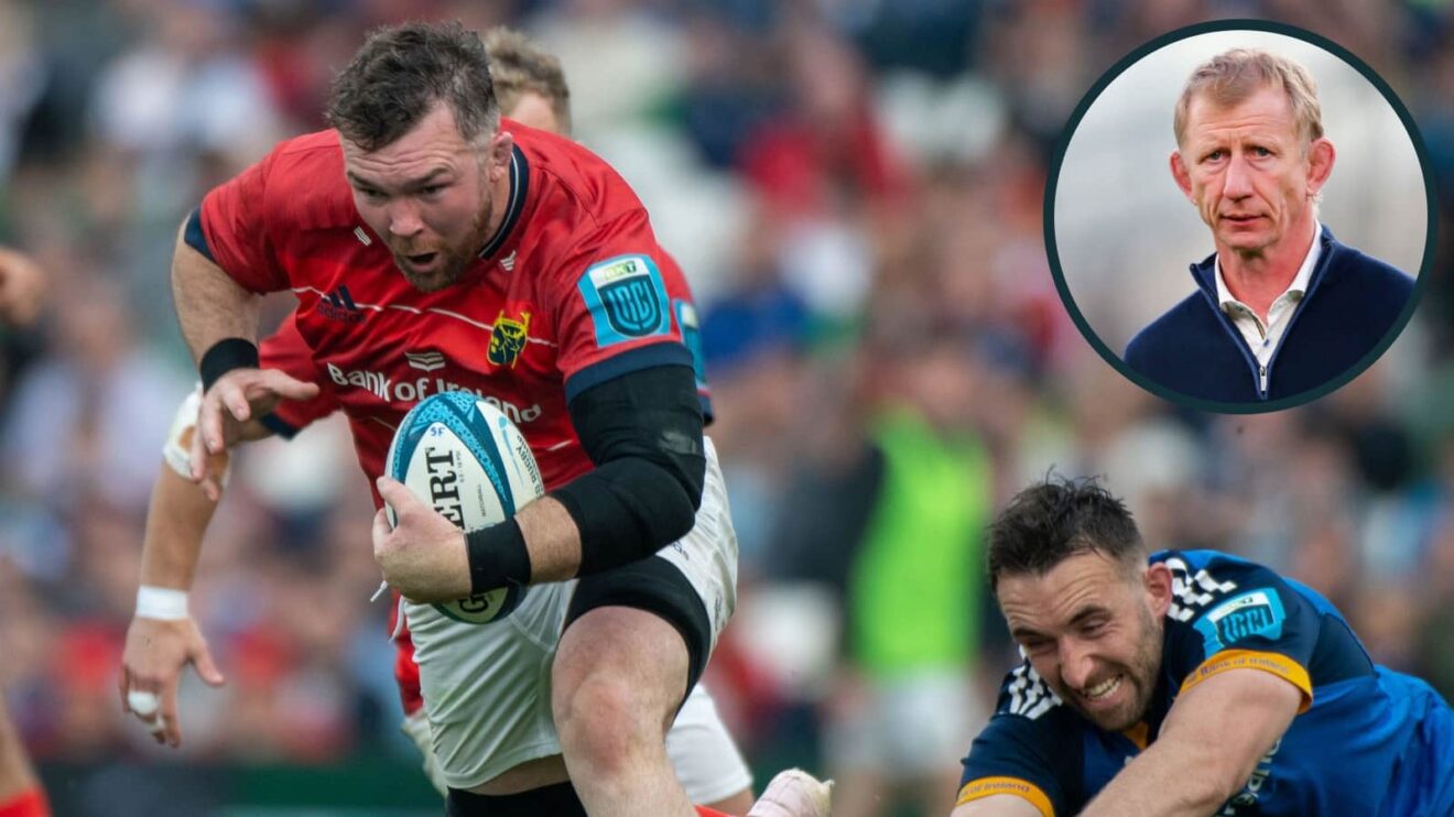 Peter O'Mahony in action for Munster v Leinster and Leinster head coach Leo Cullen (inset).