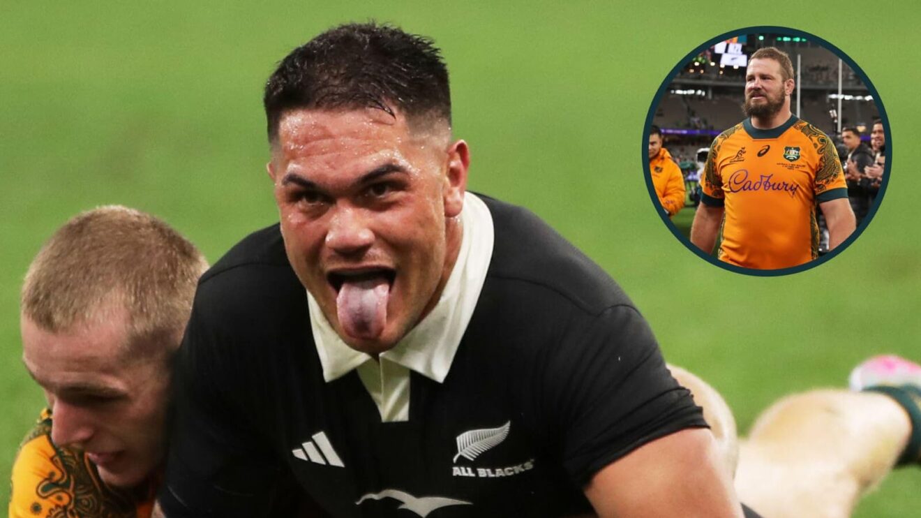 All Blacks centre Quinn Tupaea reacts after scoring a try and an inset of Wallaby legend James Slipper.