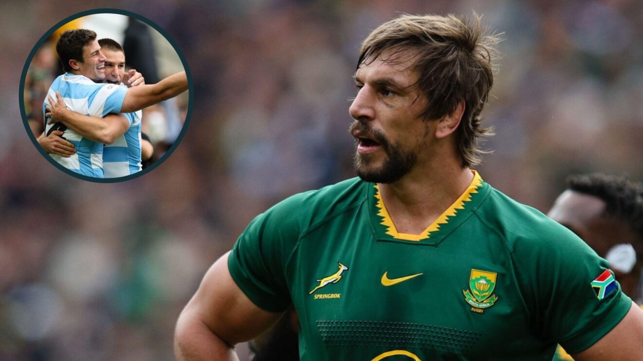 A two layered image of Eben Etzebeth and Los Pumas players