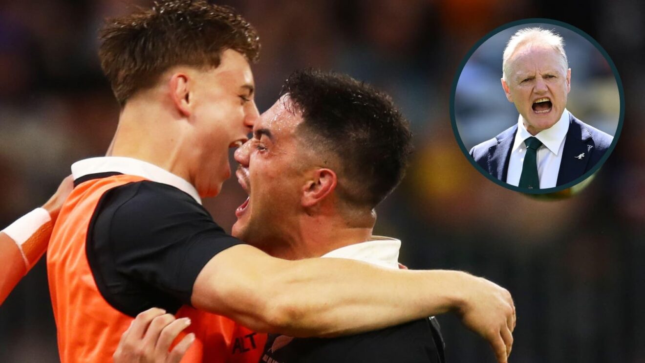 All Blacks centre Quinn Tupaea and an inset of Wallabies head coach Joe Schmidt.