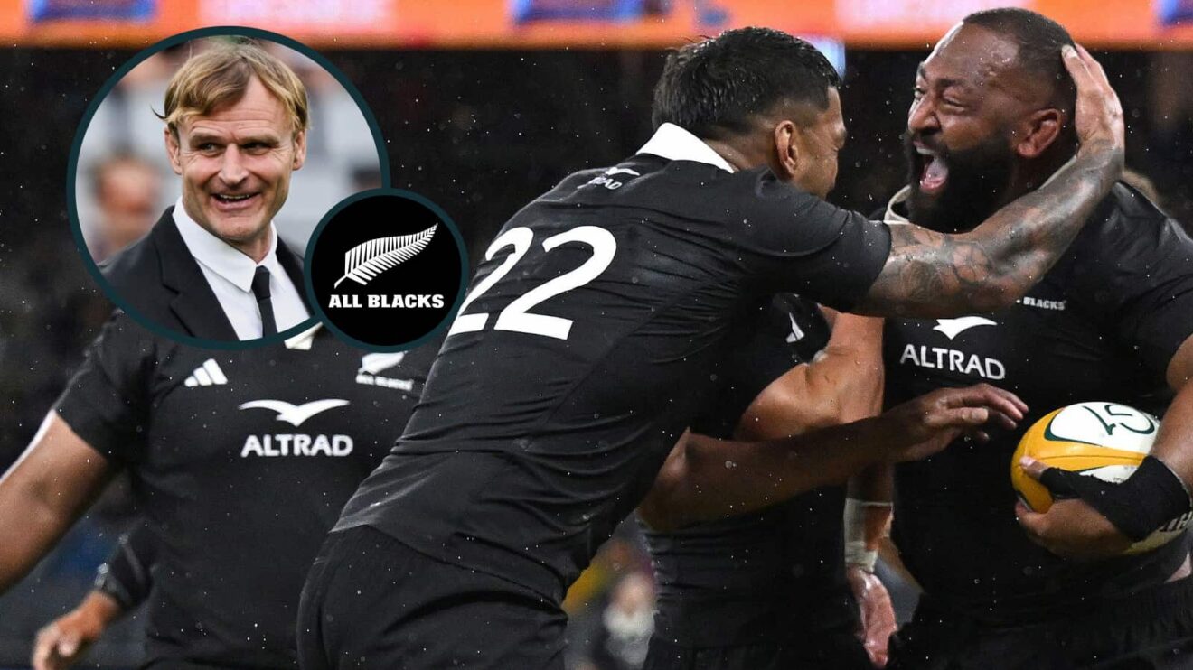 George Bower scoring his first professional try and All Blacks head coach Scott Robertson.