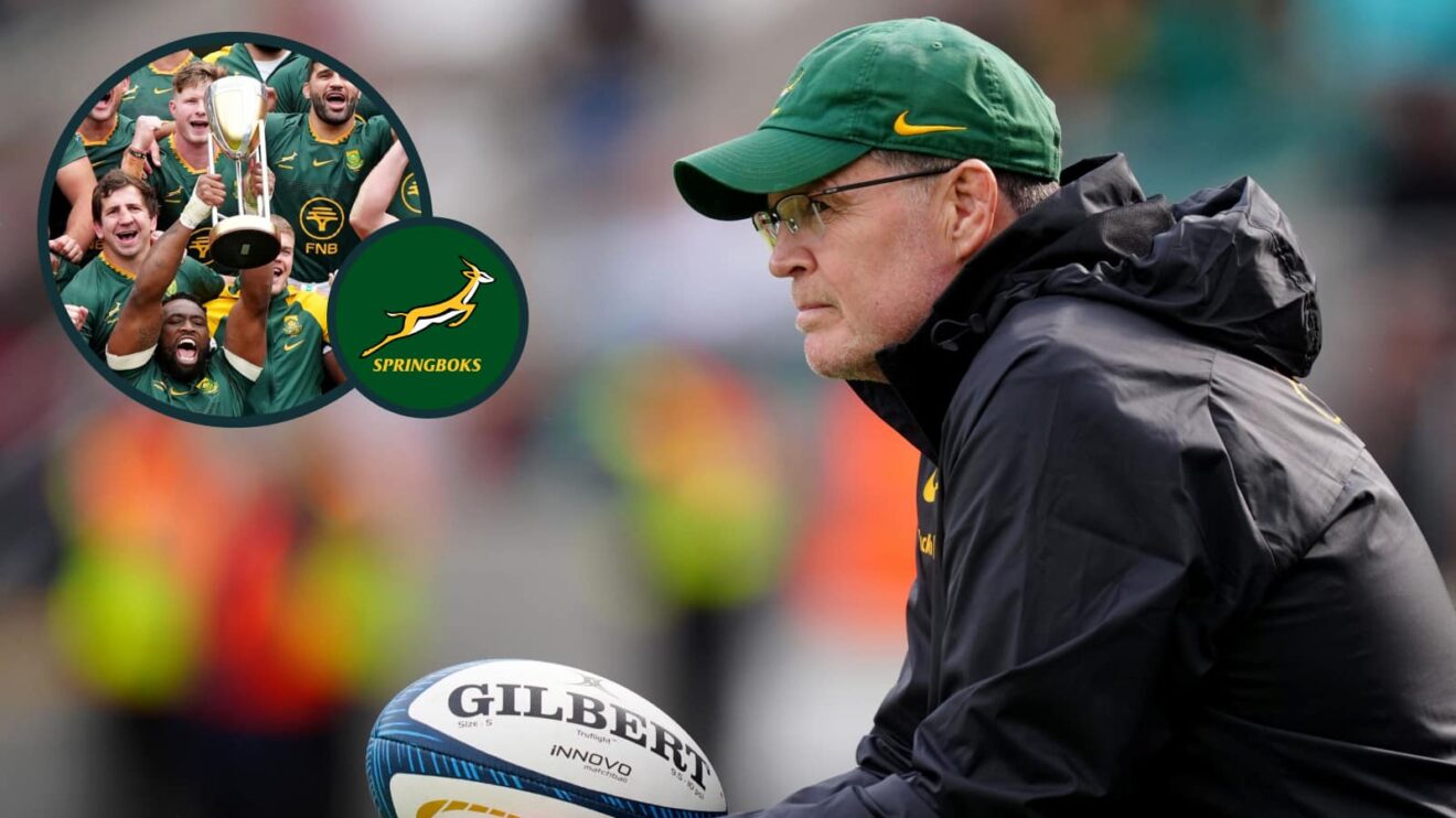 Springboks head coach Rassie Erasmus and the team celebrate Rugby Championship win (inset).