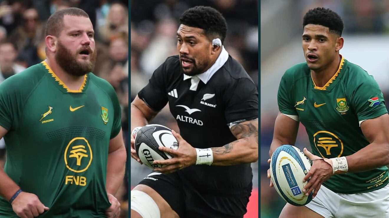 Springboks prop Wilco Louw, All Blacks star Ardie Savea and South Africa's Sacha Feinberg-Mngomezulu.