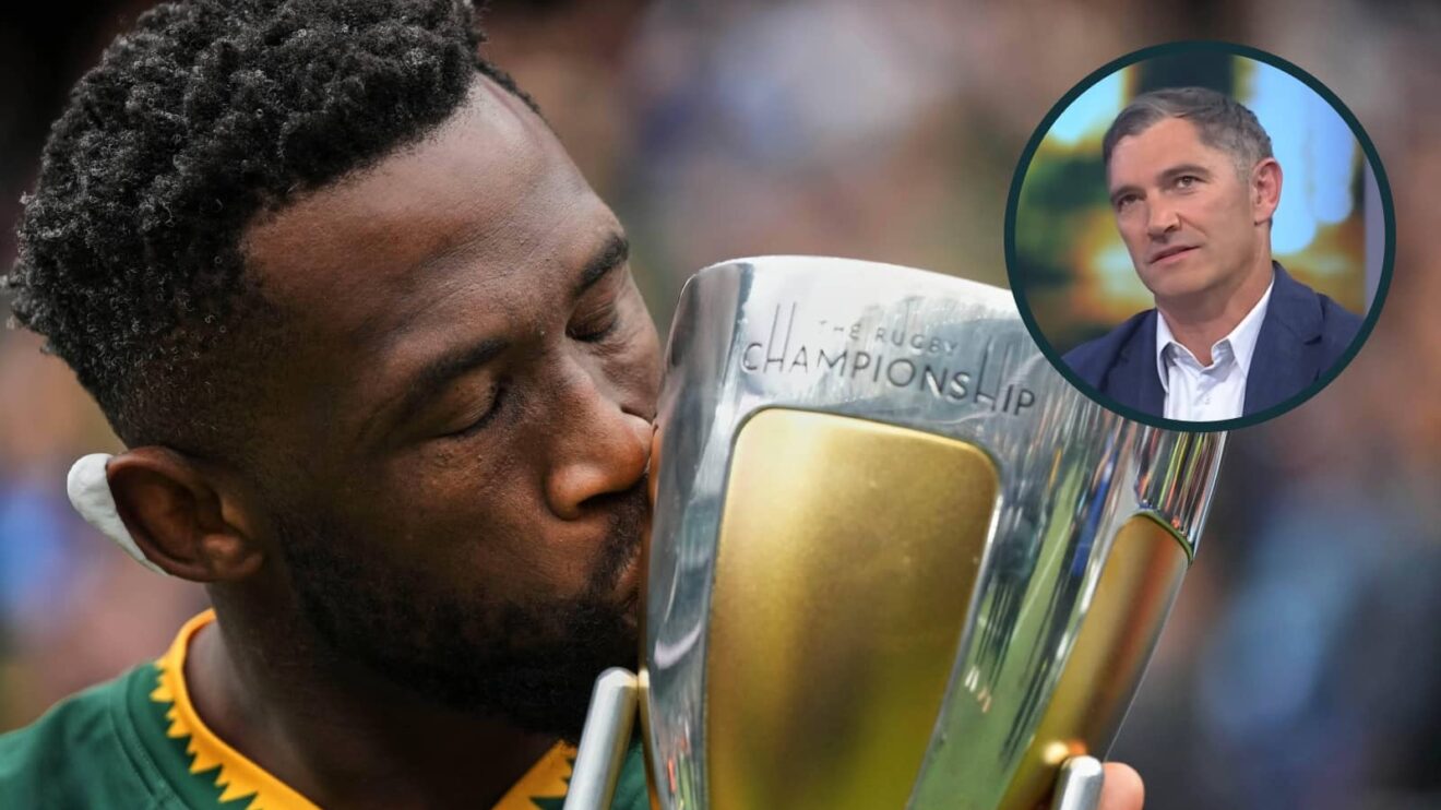 Springboks captain Siya Kolisi with the Rugby Championship trophy and an inset of ex-All Blacks fly-half Stephen Donald. Springboks captain Siya Kolisi with the Rugby Championship trophy and an inset of ex-All Blacks fly-half Stephen Donald.
