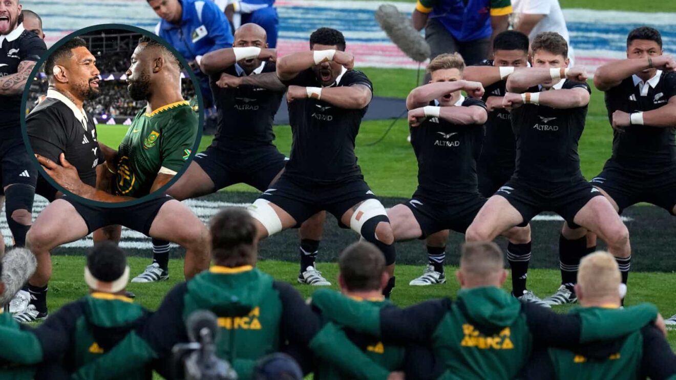 Springboks face the All Blacks Haka and an inset of Siya Kolisi and Ardie Savea.
