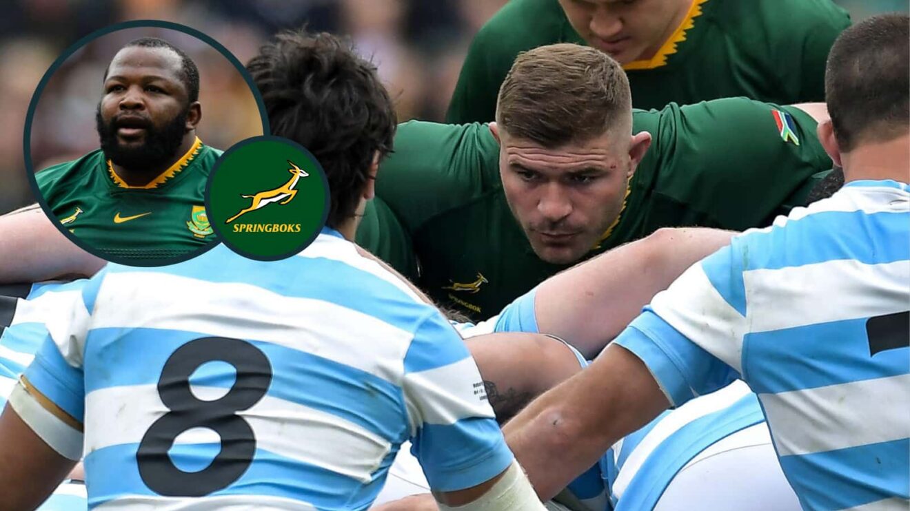 Springboks hooker Malcolm Marx prepares to scrum against Argentina and an inset of Ox Nche.