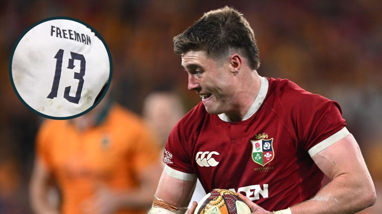 A two layered image of Tommy Freeman on the Lions tour and his number 13 shirt during the Six Nations