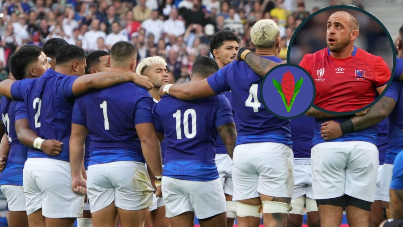 A two layered image of Samoa and Chile players at the Rugby World Cup