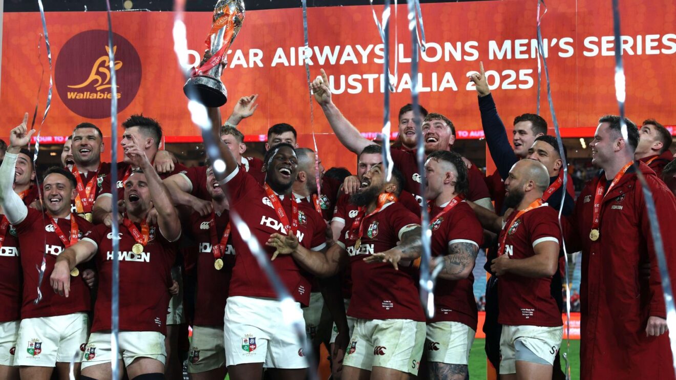 Maro Itoje and the British and Irish Lions players celebrating their series win over the Wallabies