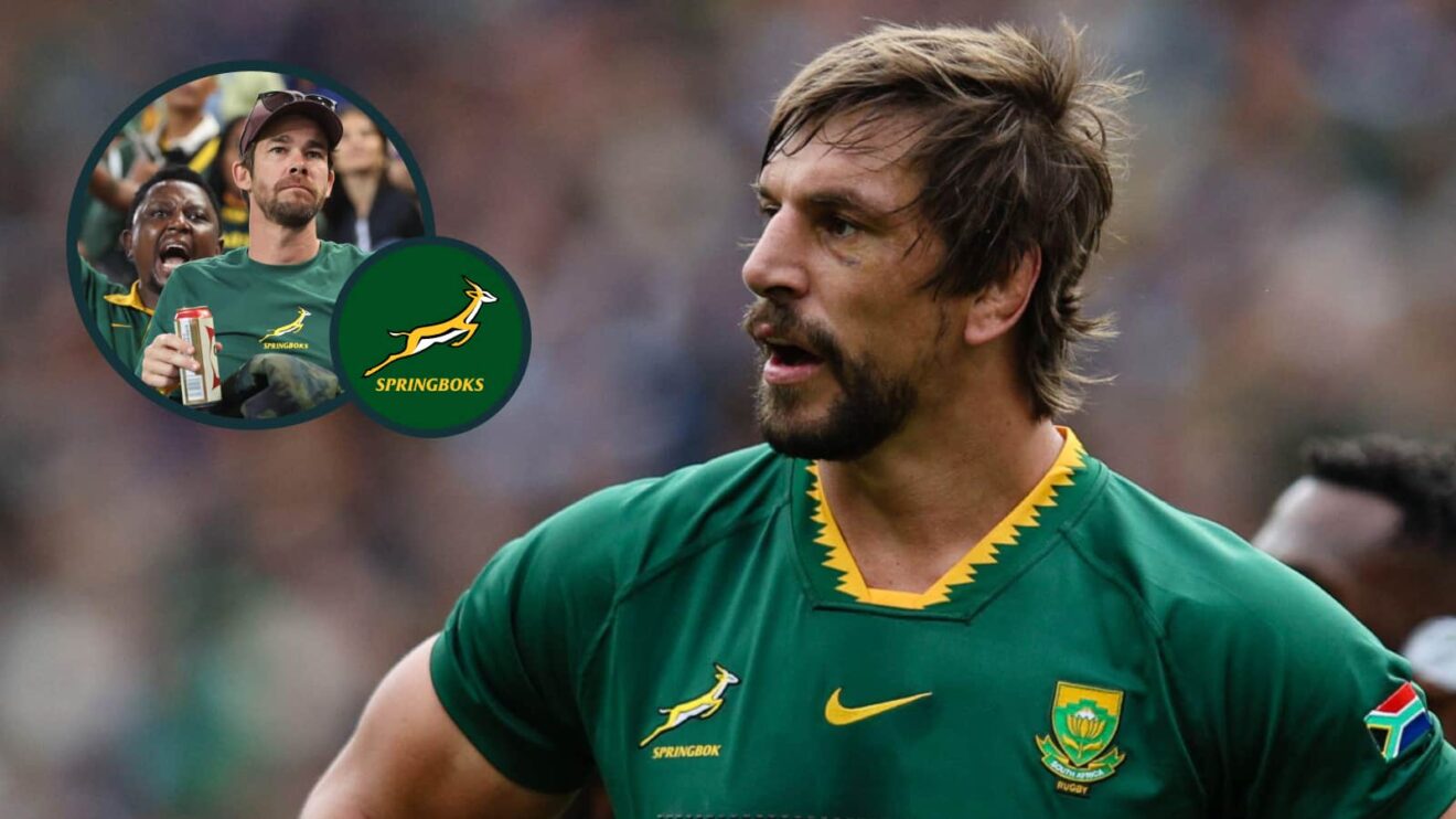 Springboks lock Eben Etzebeth and an inset of South African rugby fans.
