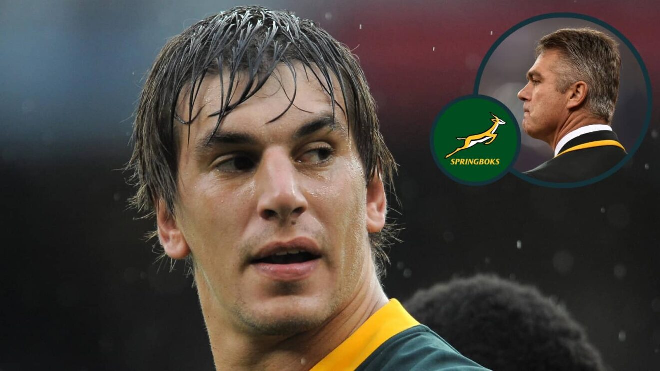 Springboks lock Eben Etzebeth and an inset of ex-head coach Heyneke Meyer.