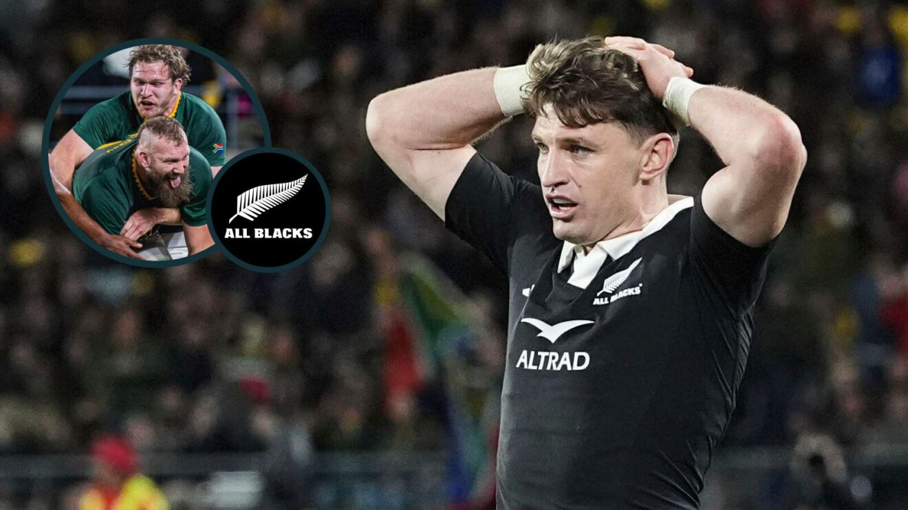 A two layer image of Beauden Barrett and Springboks players