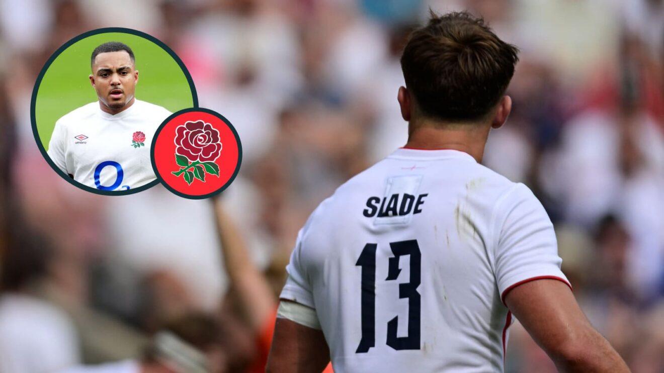 England centre Henry Slade and an inset of Max Ojomoh.