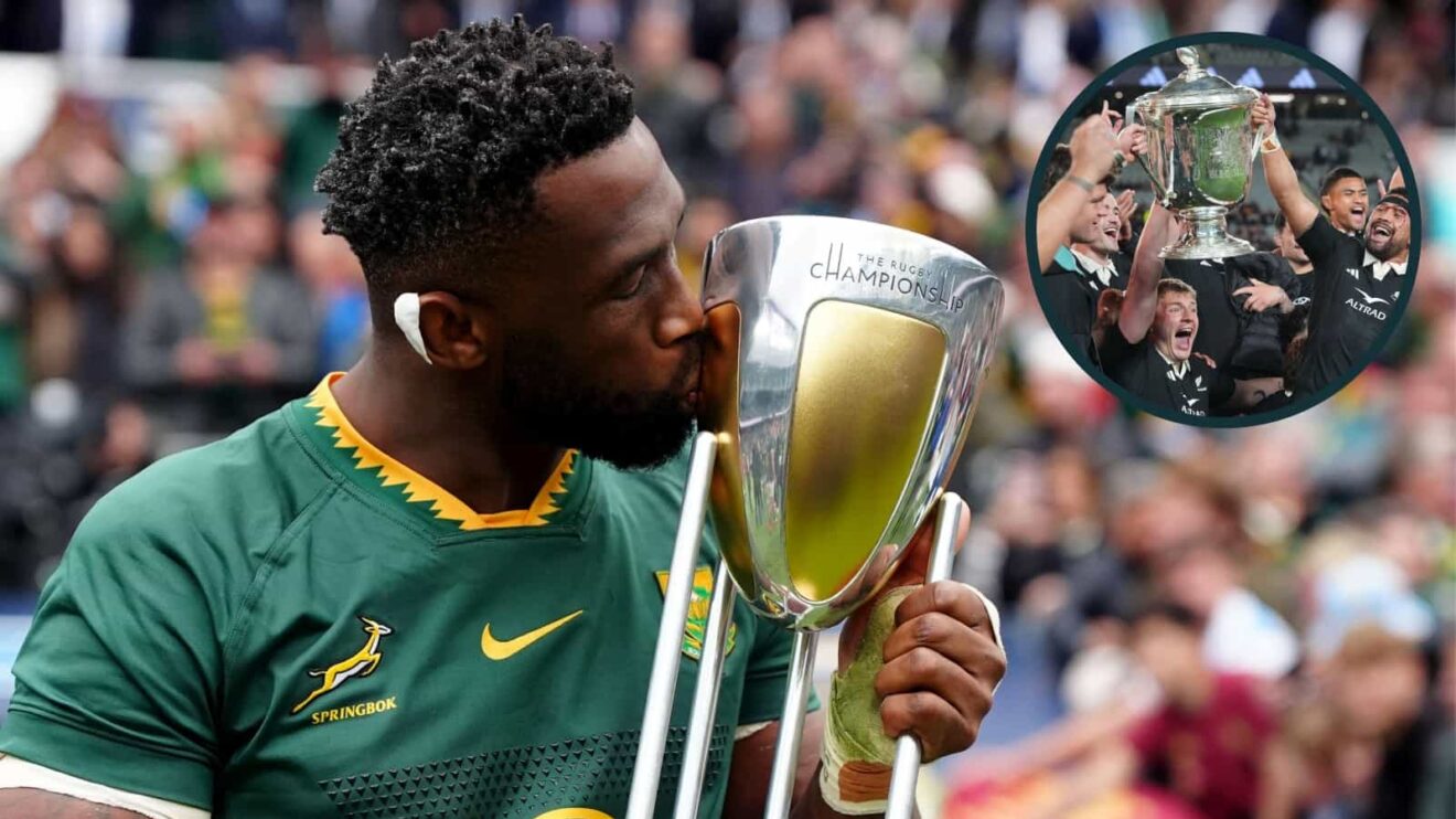 Siya Kolisi with the Rugby Championship trophy and an inset of the All Blacks with the Bledisloe Cup.