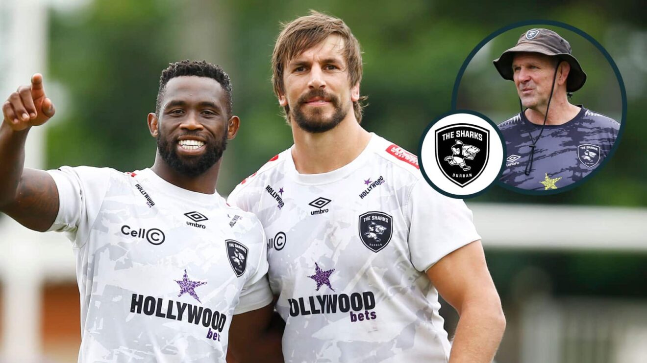 Siya Kolisi and Eben Etzebeth with an inset of Sharks head coach John Plumtree.