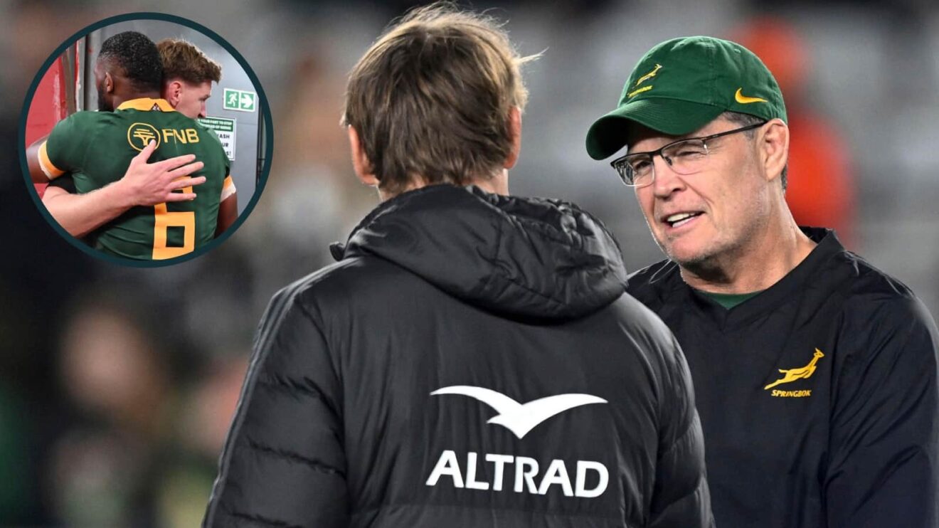 Springboks boss Rassie Erasmus and All Blacks head coach Scott Robertson and an inset of Siya Kolisi and Jordie Barrett.