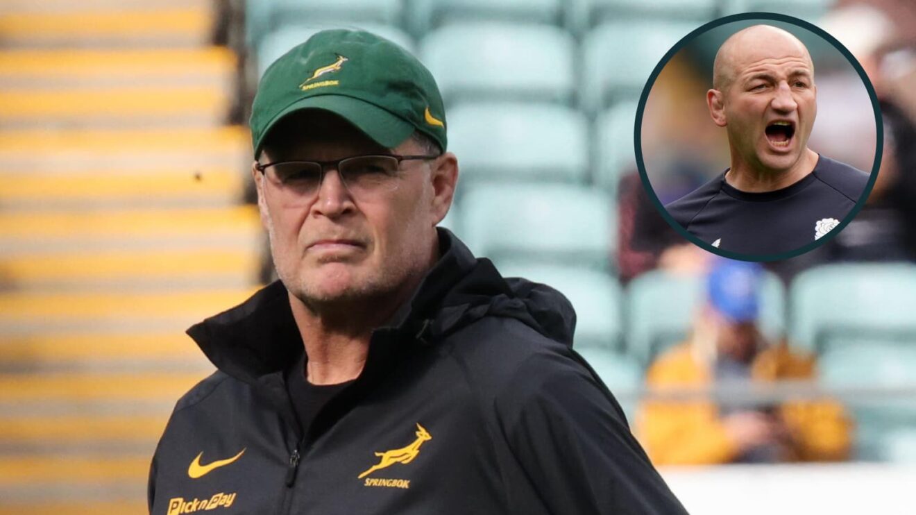 Springboks boss Rassie Erasmus and an inset of England head coach Steve Borthwick