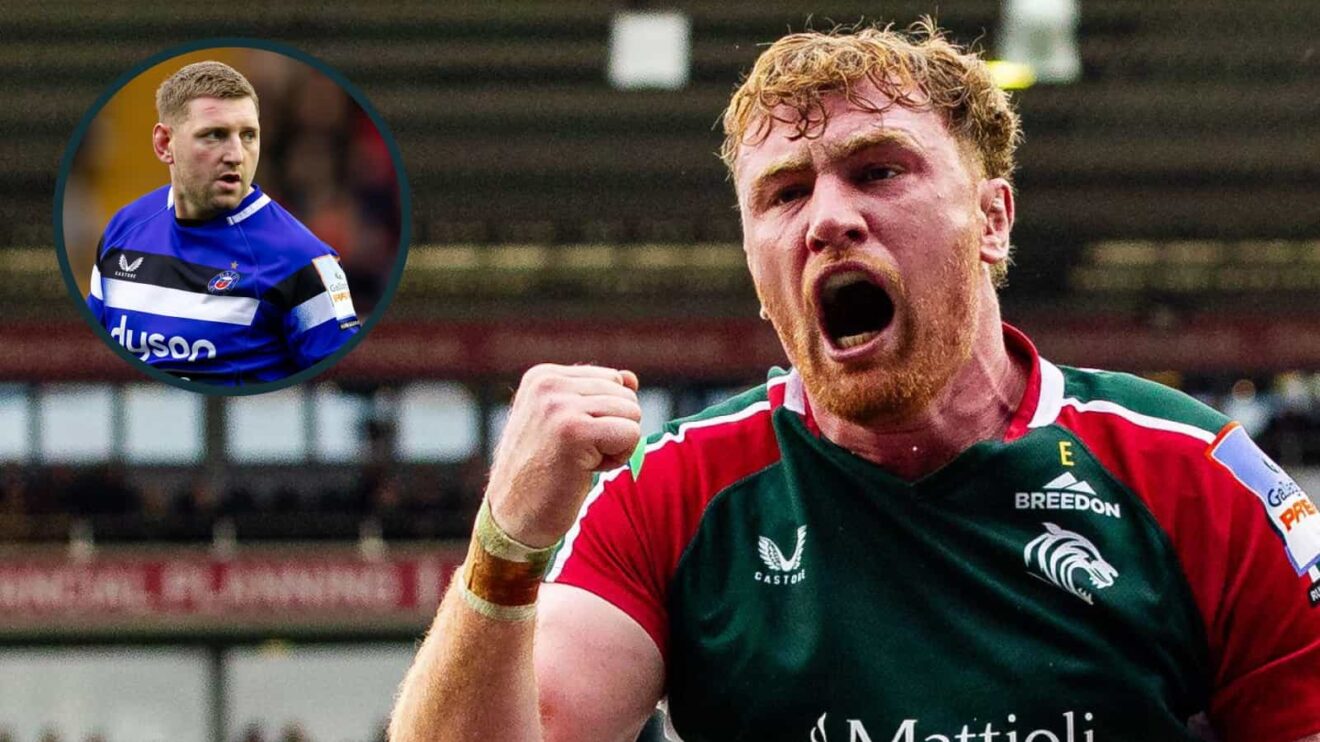 Leicester Tigers star Ollie Chessum and an inset of Bath's Finn Russell.