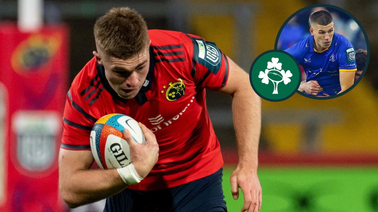 Jack Crowley and Sam Prendergast (inset) in action for Munster and Leinster respectively.