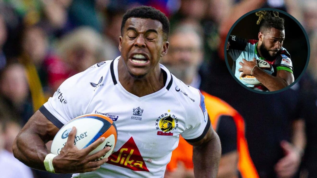 Immanuel Feyi-Waboso in action for Exeter Chiefs and Harlequins' Chandler Cunningham-South (inset).