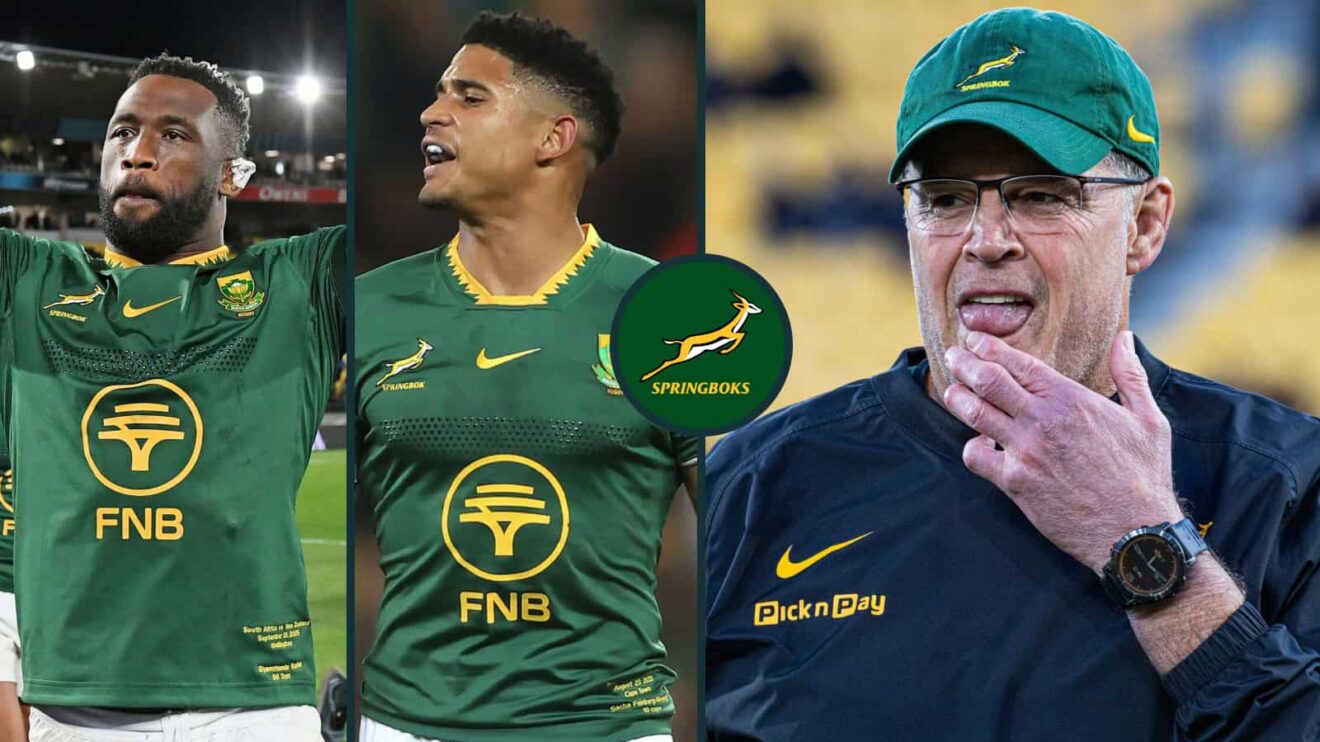 Springboks captain Siya Kolisi, fly-half Sacha Feinberg-Mngomezulu and head coach Rassie Erasmus.