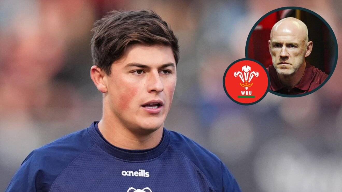 Wales winger Louis Rees-Zammit and an inset of Wales head coach Steve Tandy.
