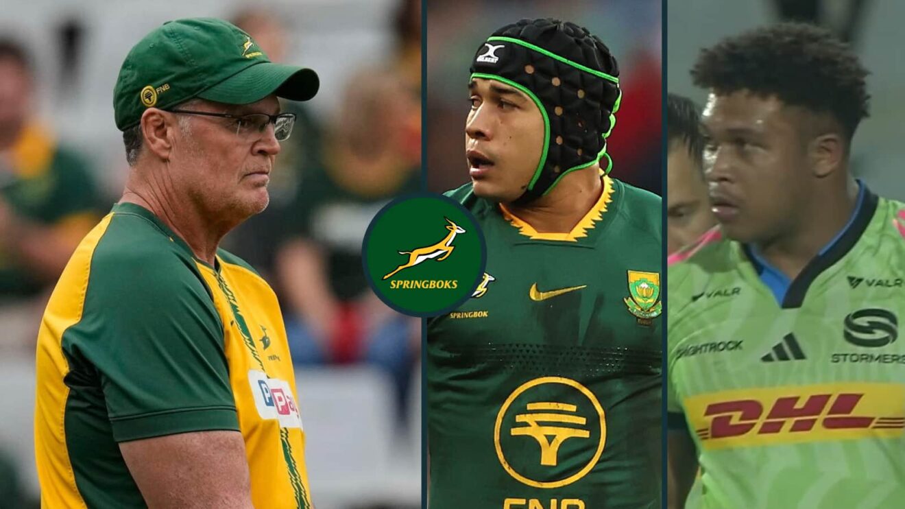 Springboks head coach Rassie Erasmus, back Cheslin Kolbe and rookie prop Zachary Porthen.