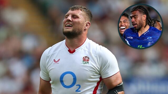 England number eight Tom Willis and an inset of All Blacks snub Hoskins Sotutu.
