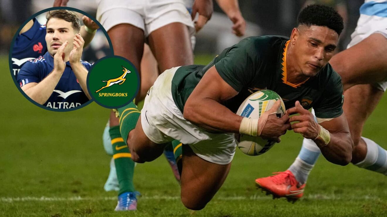 Sacha Feinberg-Mngomezulu in action for the Springboks and France superstar Antoine Dupont (inset).