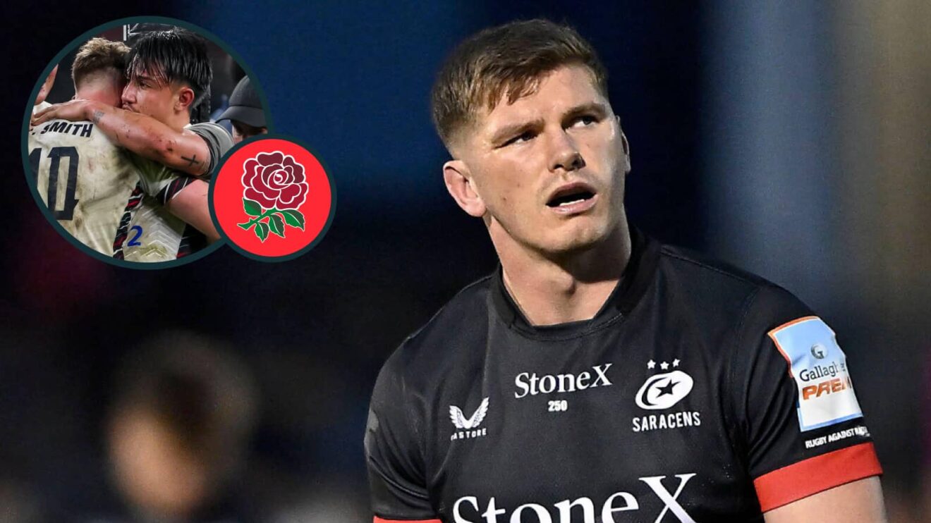 England and Saracens playmaker Owen Farrell with an inset of Fin and Marcus Smith.