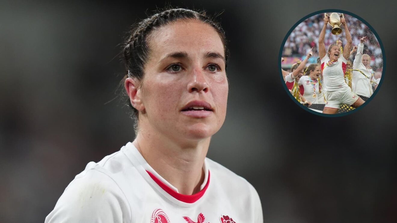 England legend Emily Scarratt and an inset of Zoe Aldcroft holding the trophy as she celebrates with her teammates after winning the Women's Rugby World Cup final.