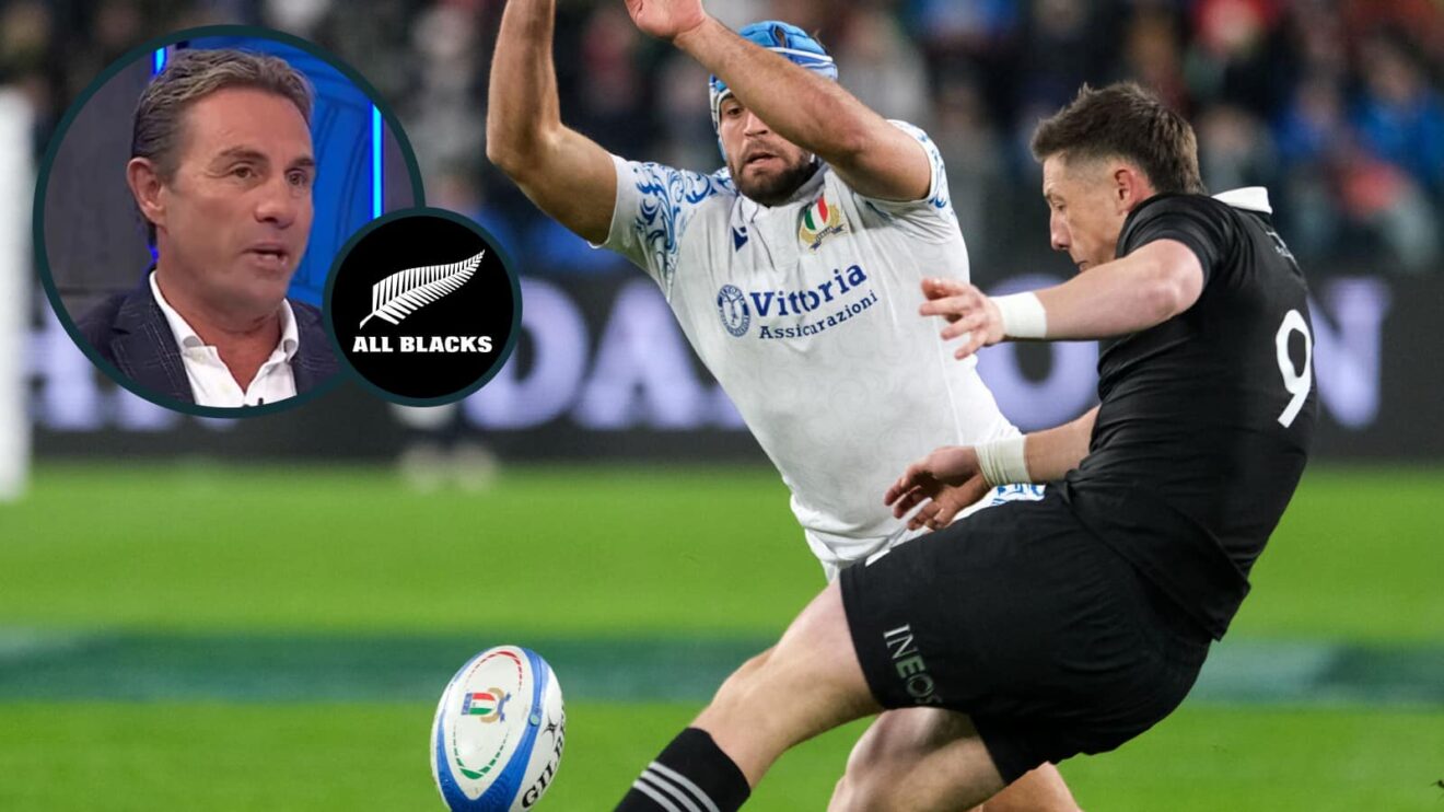 Current All Blacks scrum-half Cam Roigard box-kicking and legendary New Zealand number nine Justin Marshall (inset).