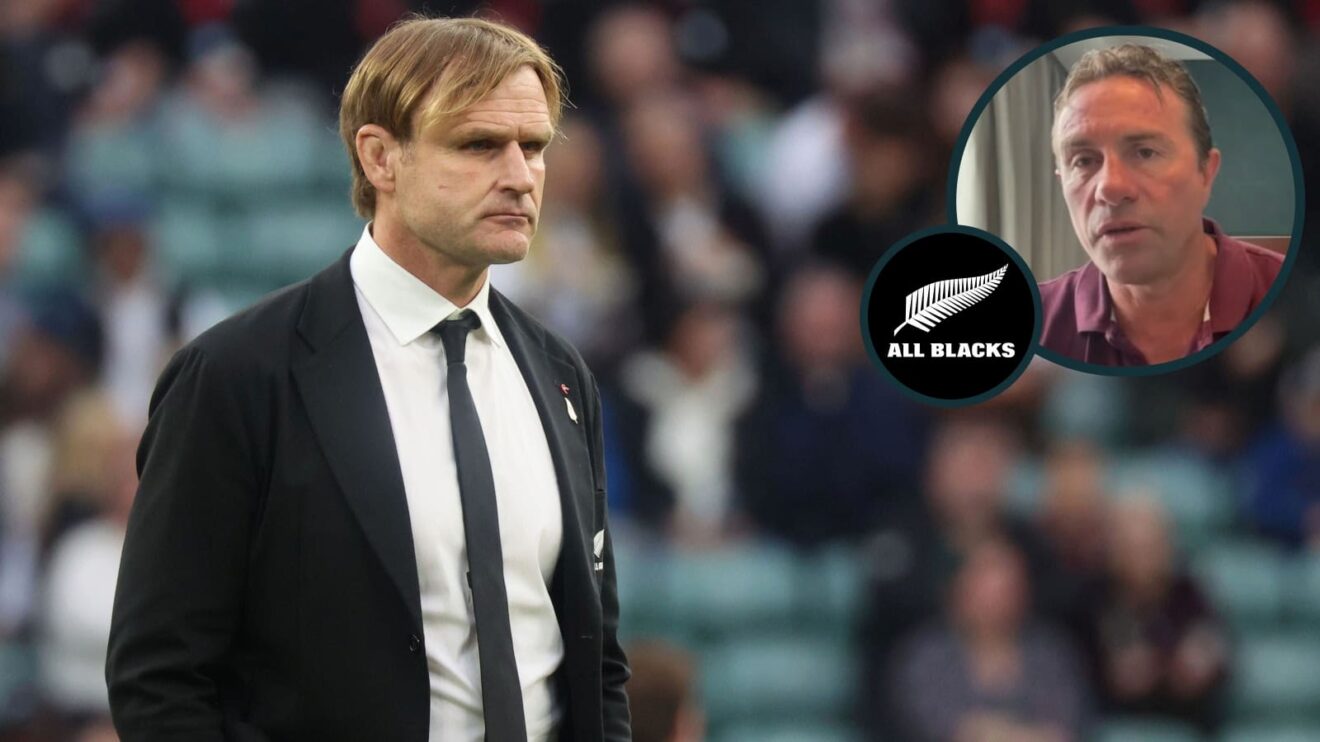 All Blacks head coach Scott Robertson and legendary scrum-half Justin Marshall (inset).